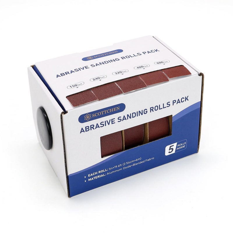 SCOTTCHEN Abrasive Sanding Rolls 1" x 20Ft x 5 Grits Emery Cloth Roll with Dispenser for Finishing and Sanding, Abrasive Paper Variety Pack Sanding Rolls Grits 150, 240, 320, 400, 600 - Image 1